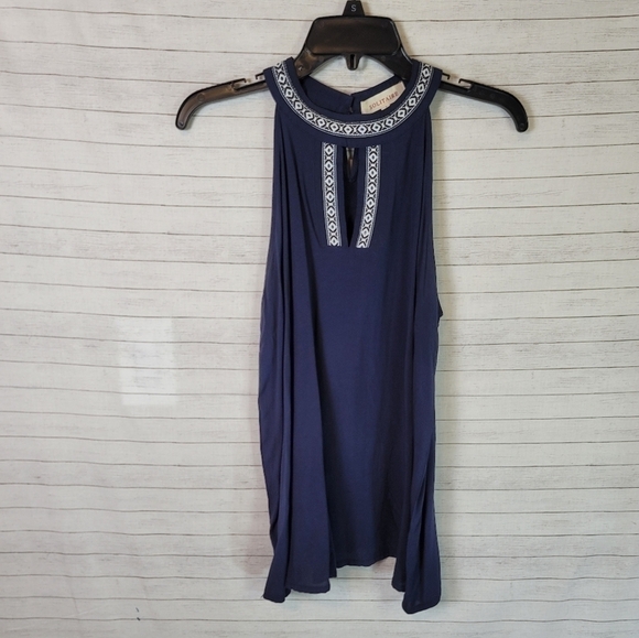 SOLITAIRE NAVY BLUE EMBROIDERED HALTER BLOUSE, SZ LARGE - Picture 8 of 8